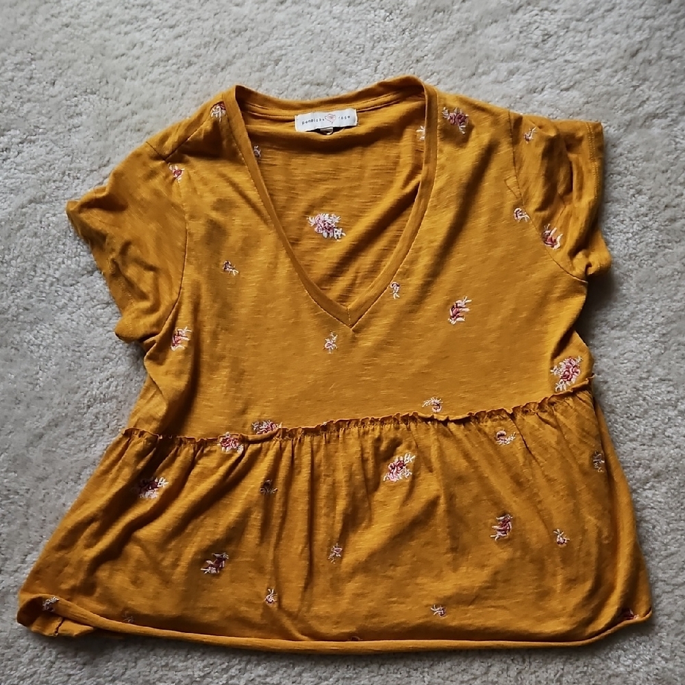 Women's Mustard Embroidered Short Sleeve Top